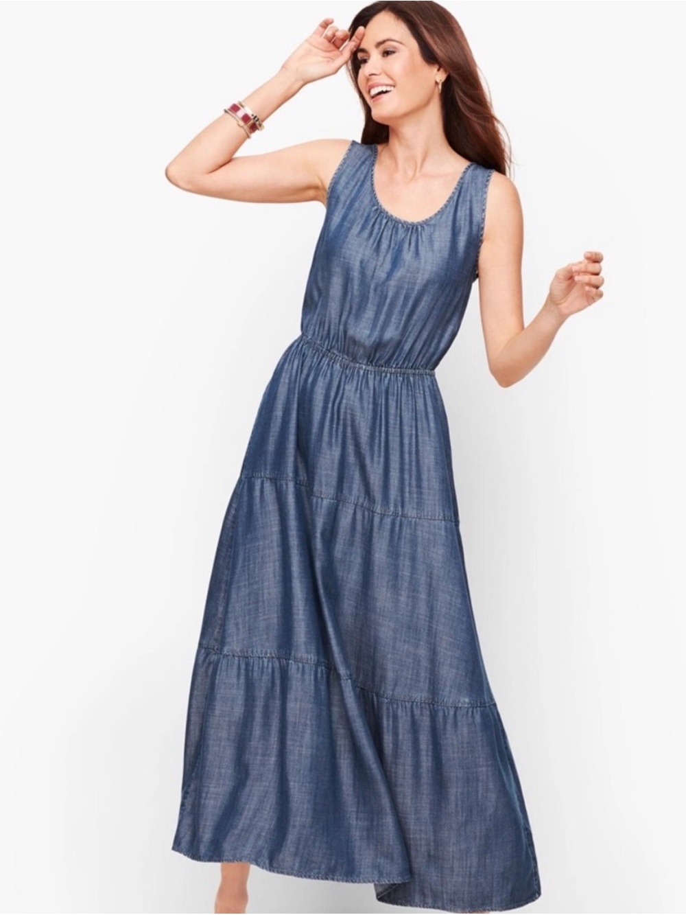 Talbots Tencel Lyocell Maxi Dress Blue Sleeveless Tiered Size 10